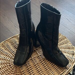 Black Croc-Embossed Ankle Boots